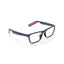Reebok's Dash smart glasses feature a rectangular design with dark blue frames, clear lenses, and red temple accents. Equipped with open-ear audio for privacy, the glasses are displayed on a white surface.