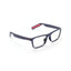 Reebok Dash rectangular smart glasses with a dark blue frame, clear lenses, and red accents on the temples and ends. Features open-ear audio for privacy. Shown on a white background.