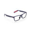 Reebok Dash smart glasses feature a navy blue rectangular frame with clear lenses, red temple accents, and a small white logo. Designed for blue light protection, they're shown on a white background.