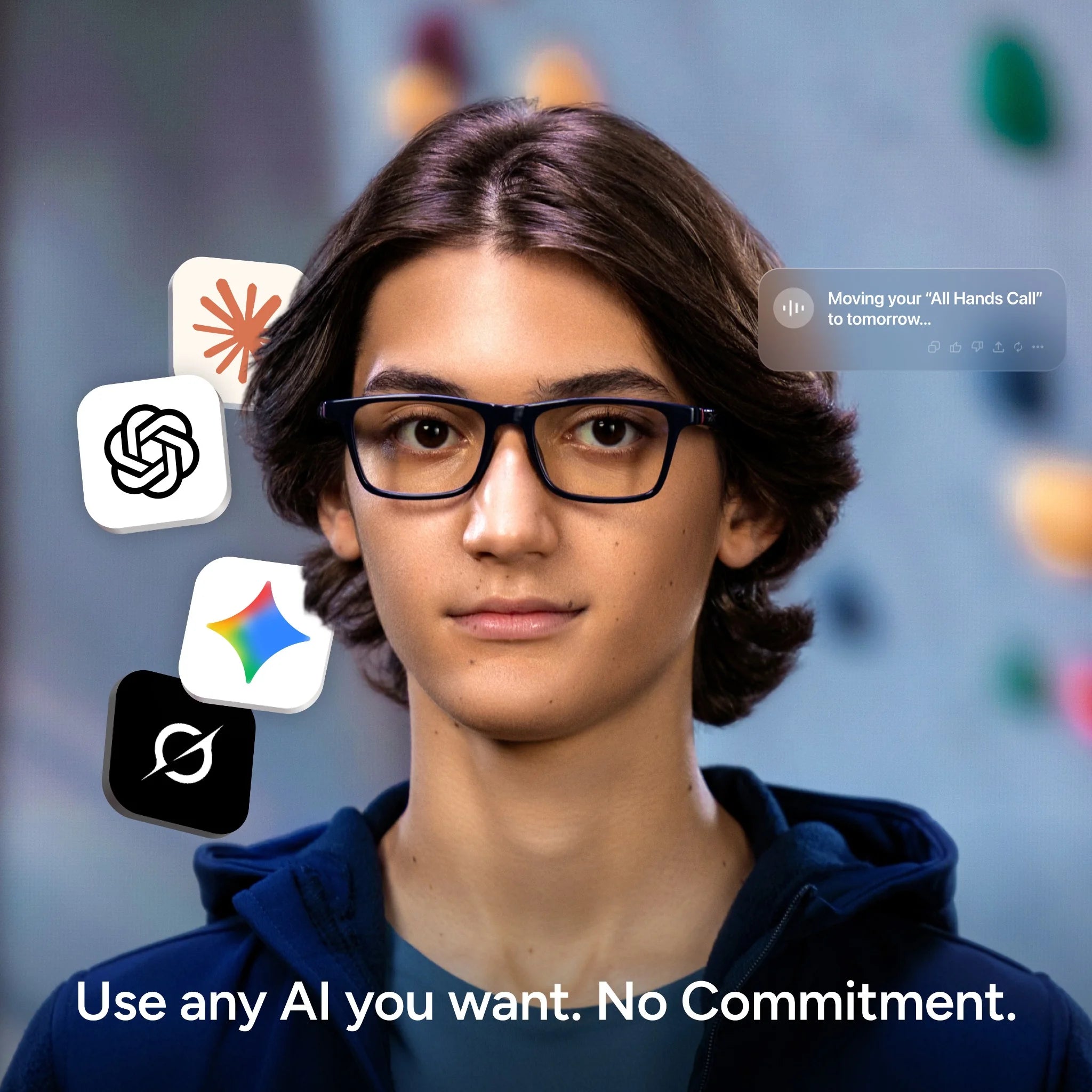 A young person in Reebok Dash smart glasses looks at the camera, surrounded by AI app logos. A notification about moving an All Hands Call appears with the text: Use any AI you want. No Commitment.