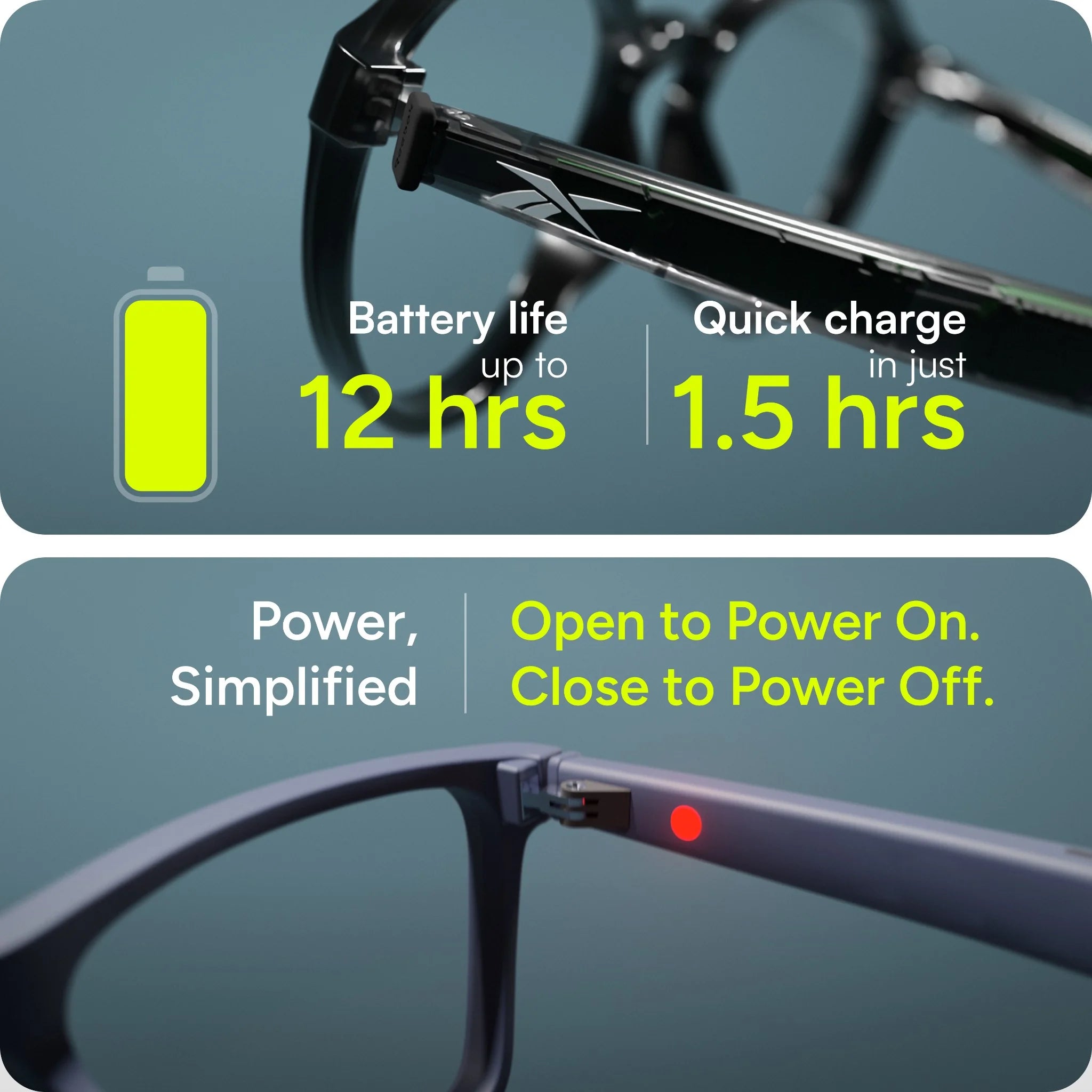 Close-up images of Reebok Dash smart glasses highlight features: up to 12-hour battery, open-ear audio, 1.5-hour quick charge, power control by opening/closing the arms, and a red light showing power status.