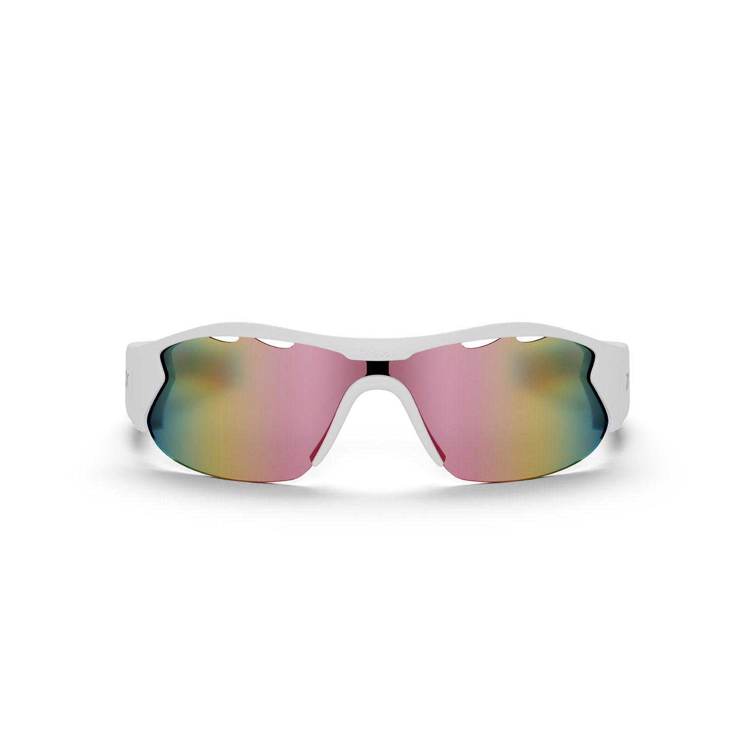 Reebok Flash sports sunglasses feature a single, wide, polarized lens that transitions from pink to yellow. Shown facing forward on a plain white background.