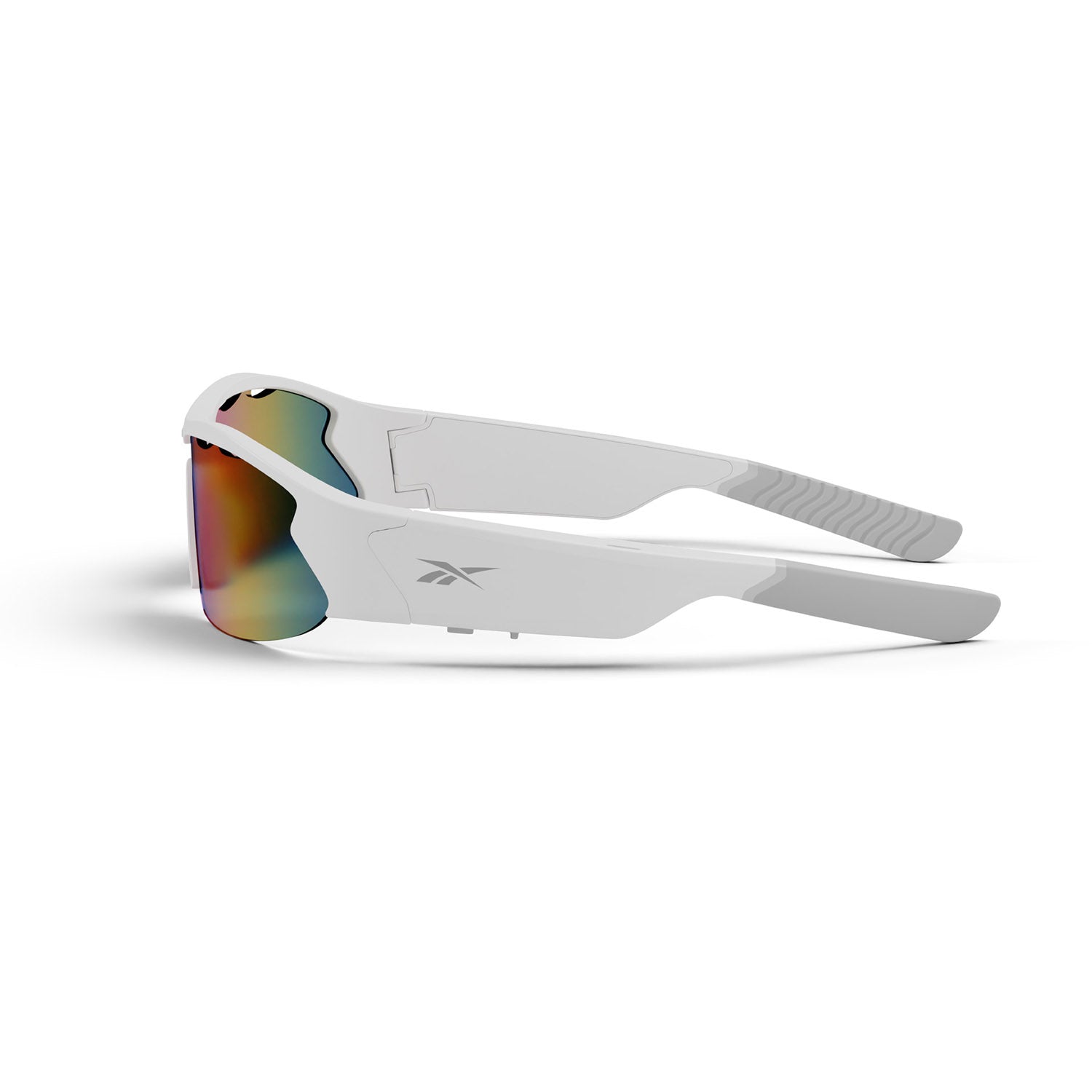 Reebok Flash sports sunglasses shown in a side view on a white background, featuring a sleek angular design and polarized, mirrored lenses that reflect red and green hues.