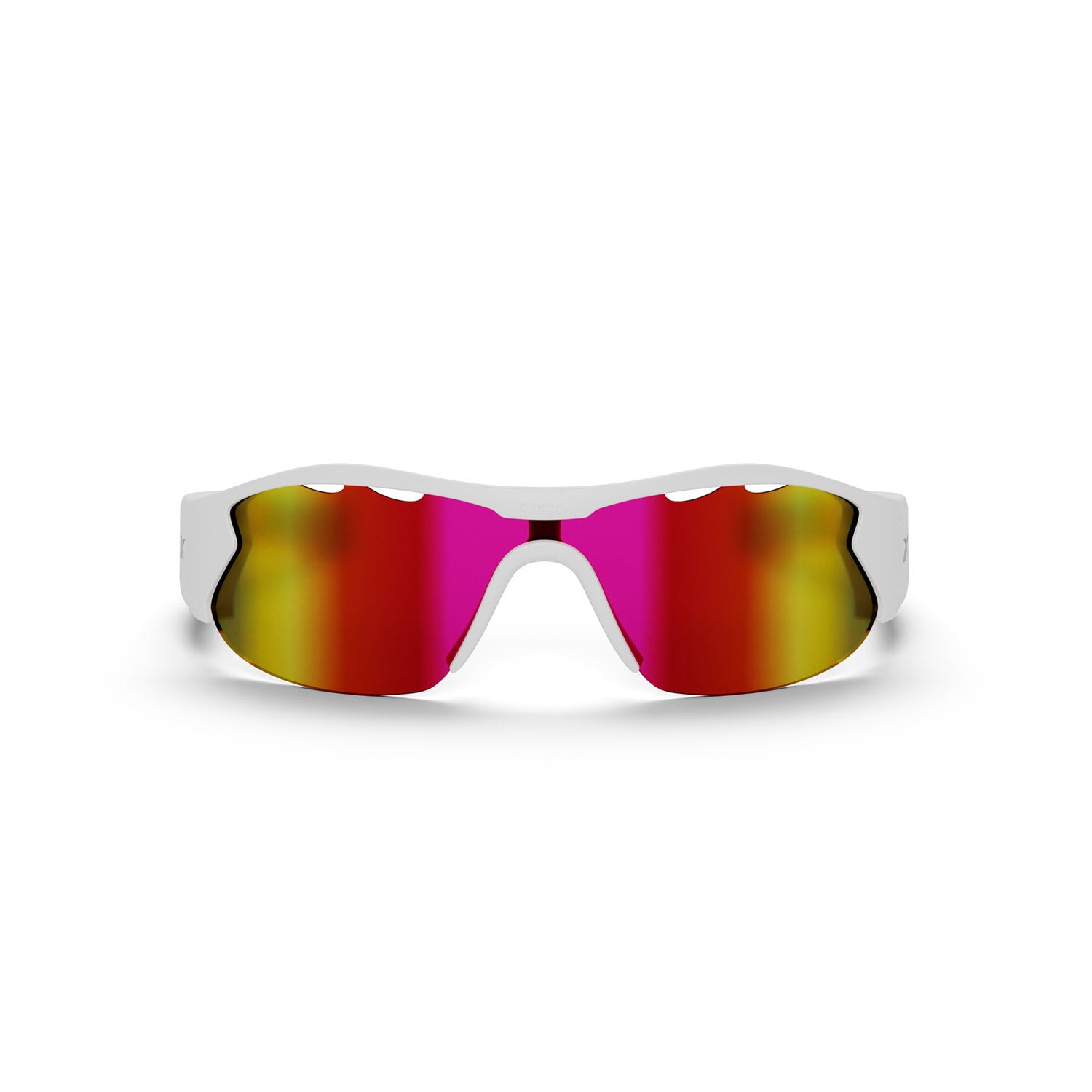 The Reebok Flash is a pair of white audio sunglasses with large, mirrored lenses that fade from red to yellow and feature polarized protection, shown against a plain white background.