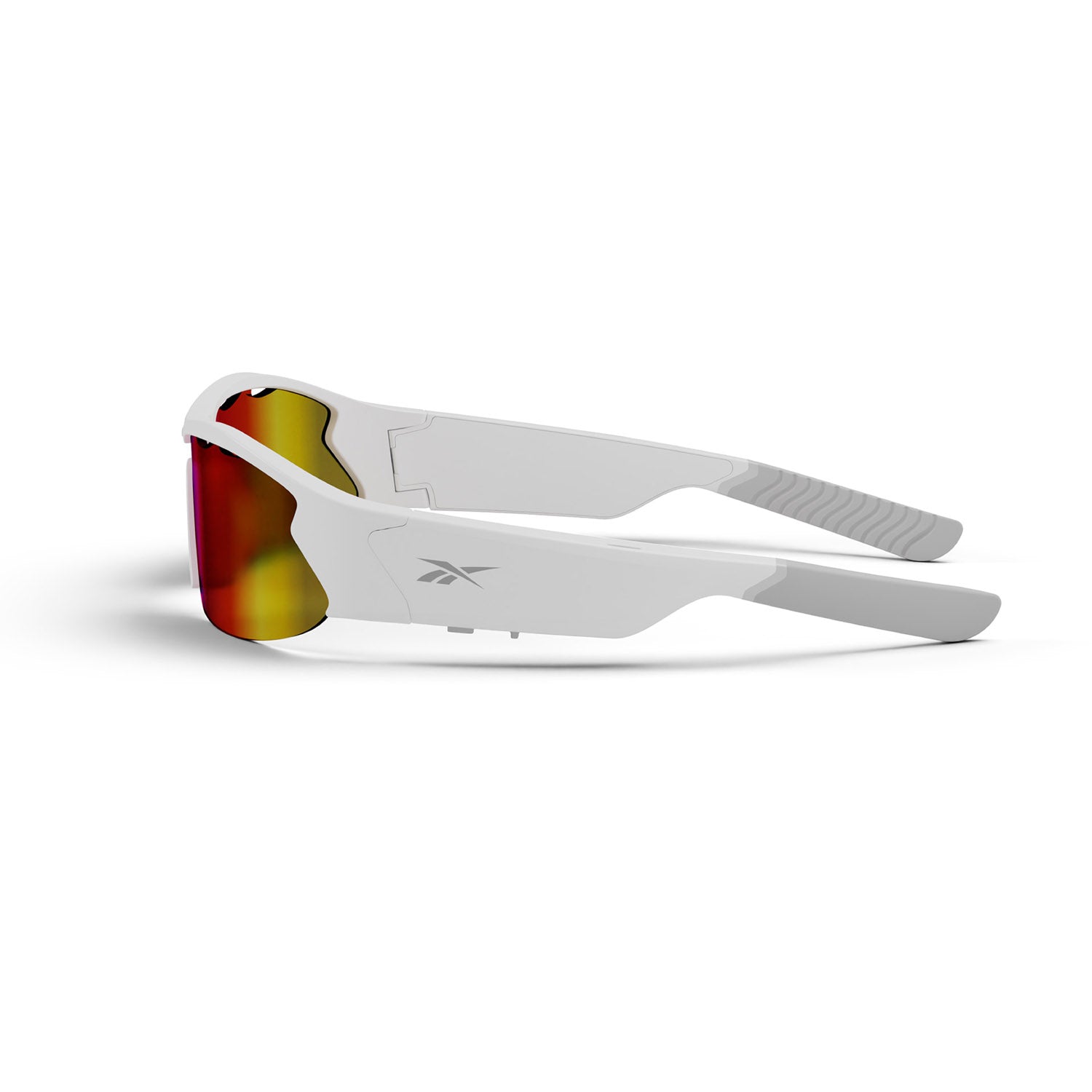 The Reebok Flash Bluetooth sunglasses feature thick white arms and red-orange mirrored lenses, shown in side profile against a white background with the Reebok logo visible on the arm.