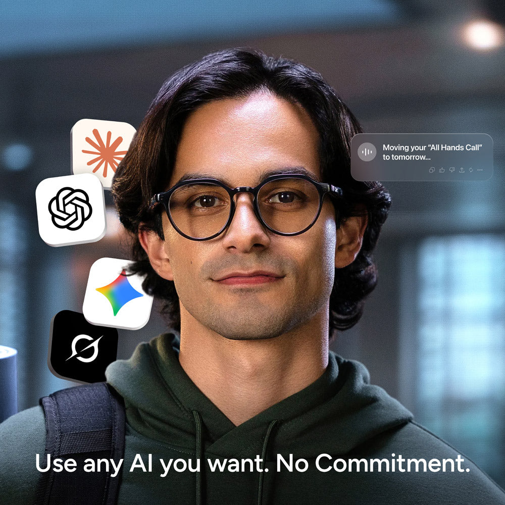 A person in a green hoodie and Reebok Jet privacy eyewear stands confidently among AI app icons and a notification bubble. Text below: Use any AI you want. No Commitment.