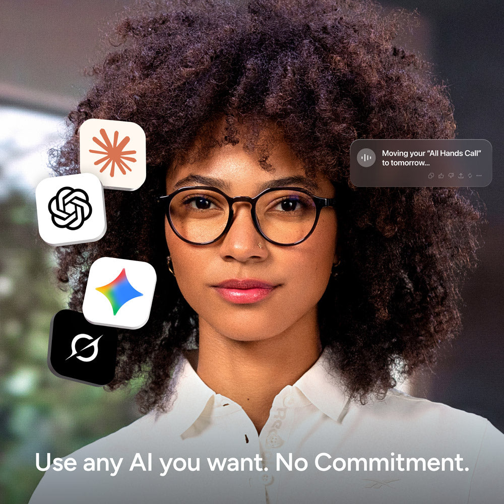 A woman with curly hair and smart glasses stands before a blurred background. Jet by Reebok app icons and a notification float around her. Text at the bottom reads: Use any AI you want with Jet by Reebok. No commitment.