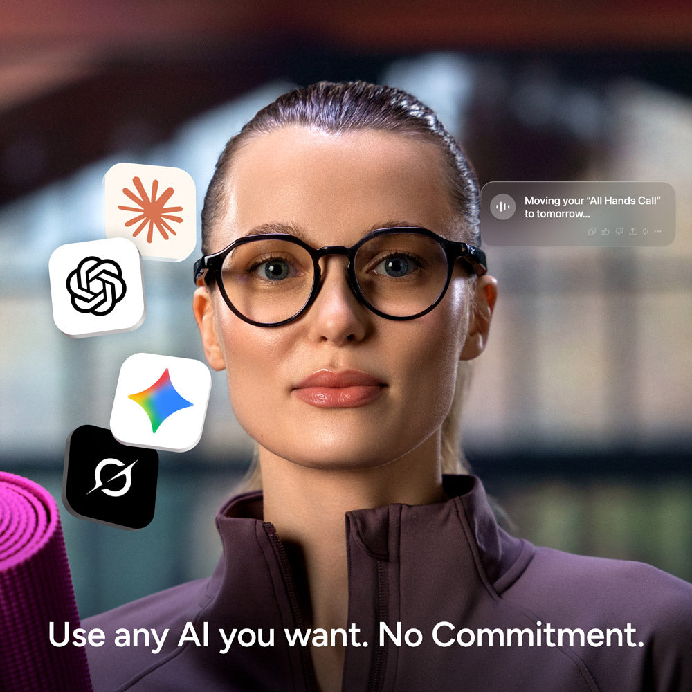 A woman in workout clothes and Reebok Jet privacy eyewear looks at the camera, holding a yoga mat. AI app logos and a notification surround her. Text below: Use any AI you want. No Commitment.