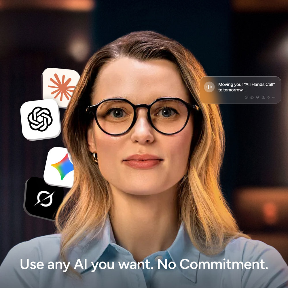 A woman wearing Reebok Jet smart glasses looks at the camera, surrounded by floating AI app icons. A notification says Moving your All Hands Call to tomorrow. Text at the bottom: Use any AI you want. No Commitment.