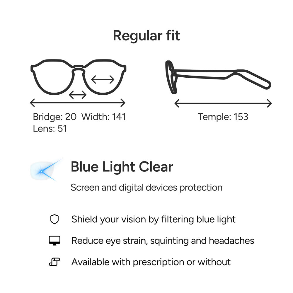 Diagram showing Reebok Jet glasses measurements: bridge 20mm, width 141mm, lens 51mm, temple 153mm. Regular fit and Blue Light Clear—filters blue light and reduces eye strain—now in privacy-focused eyewear with or without prescription.