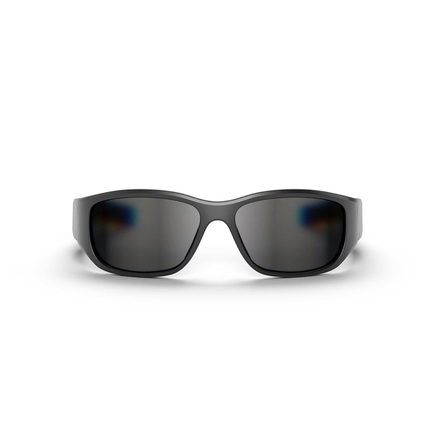 A pair of Reebok NITROUS black wraparound audio sunglasses with dark, reflective polarized lenses, shown from the front view against a plain white background.