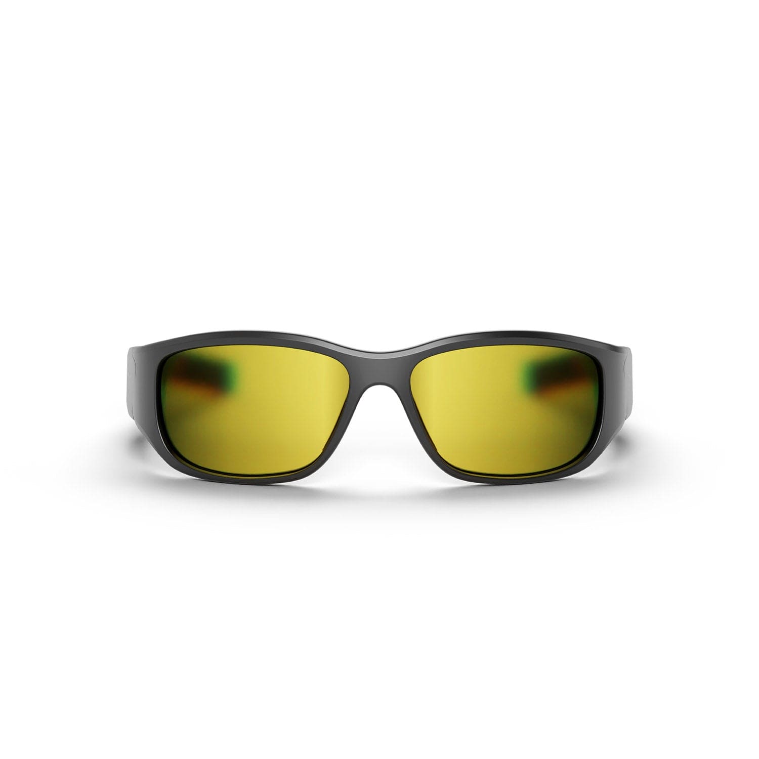 Front view of Reebok NITROUS black sunglasses with wide frames and yellow-tinted, polarized lenses on a white background.