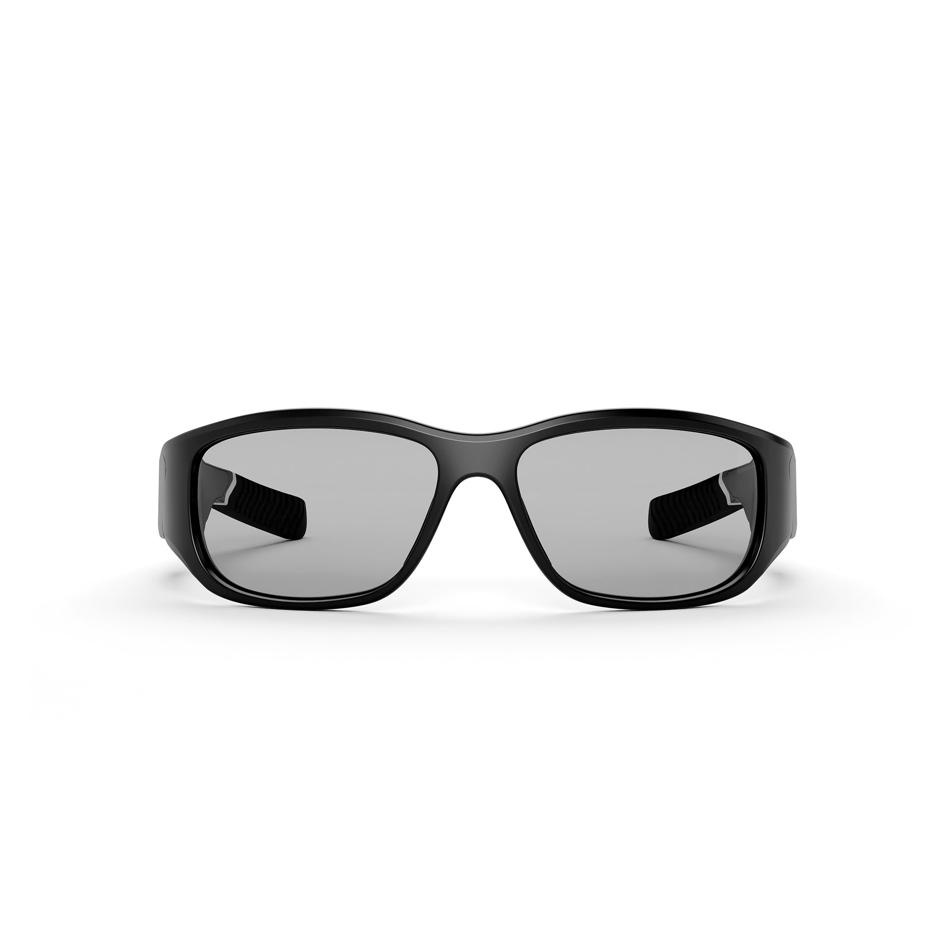 Front view of Reebok Nitrous Shift black rectangular smart eyewear with thick frames and gray-tinted adaptive photochromic lenses, displayed on a plain white background.