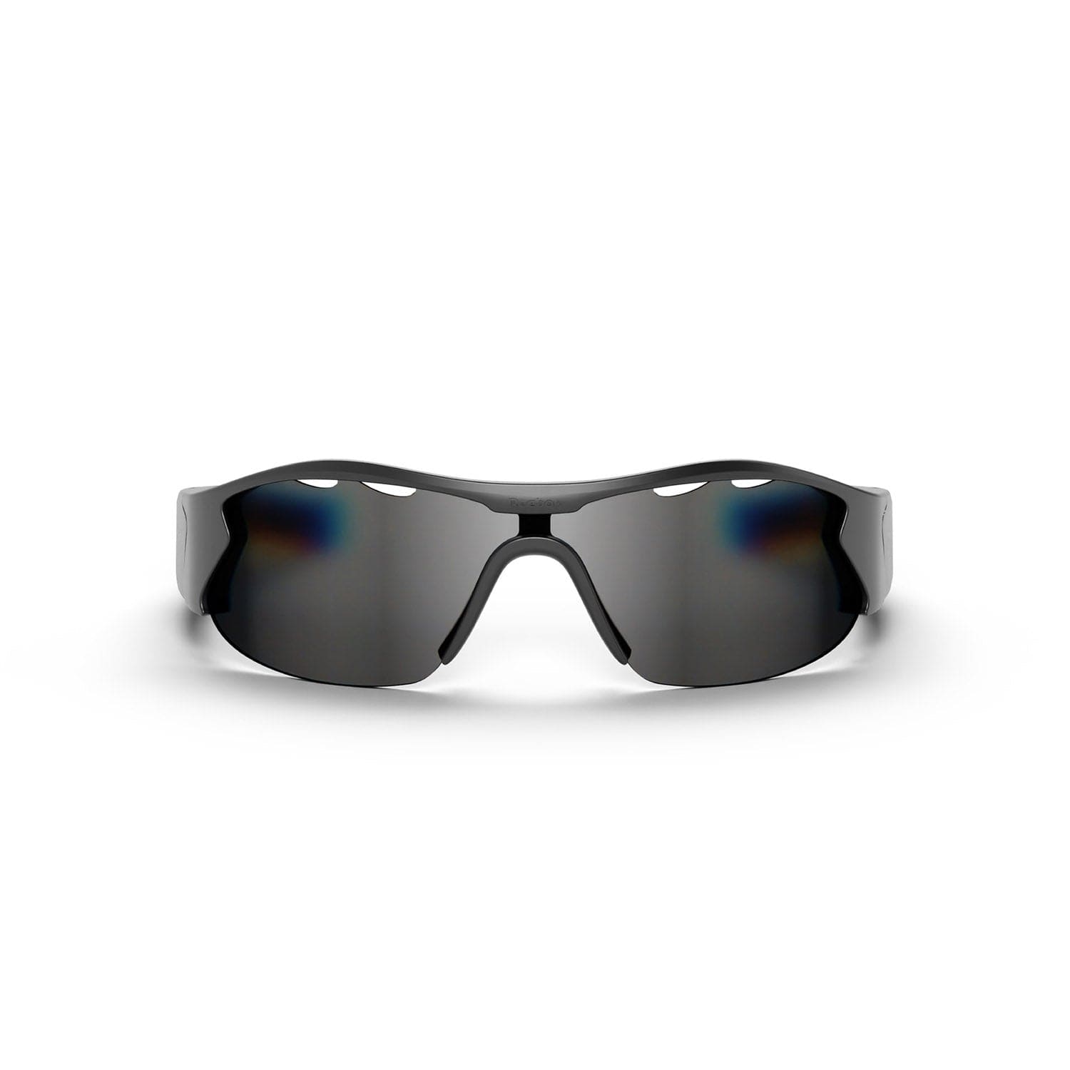 The Reebok Octane sunglasses are sleek, black wraparound Bluetooth sport shades with dark polarized lenses, shown from the front on a plain white background.
