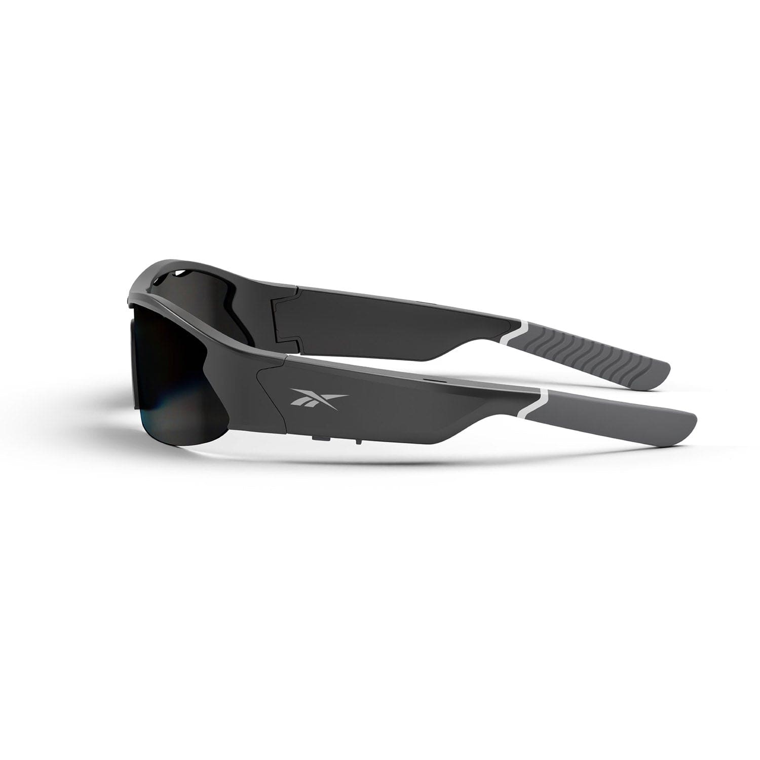 Reebok Octane sleek black Bluetooth sport sunglasses feature gray accents, polarized lenses, thick arms, and a small white logo on the side. Shown folded in a side view against a white background.