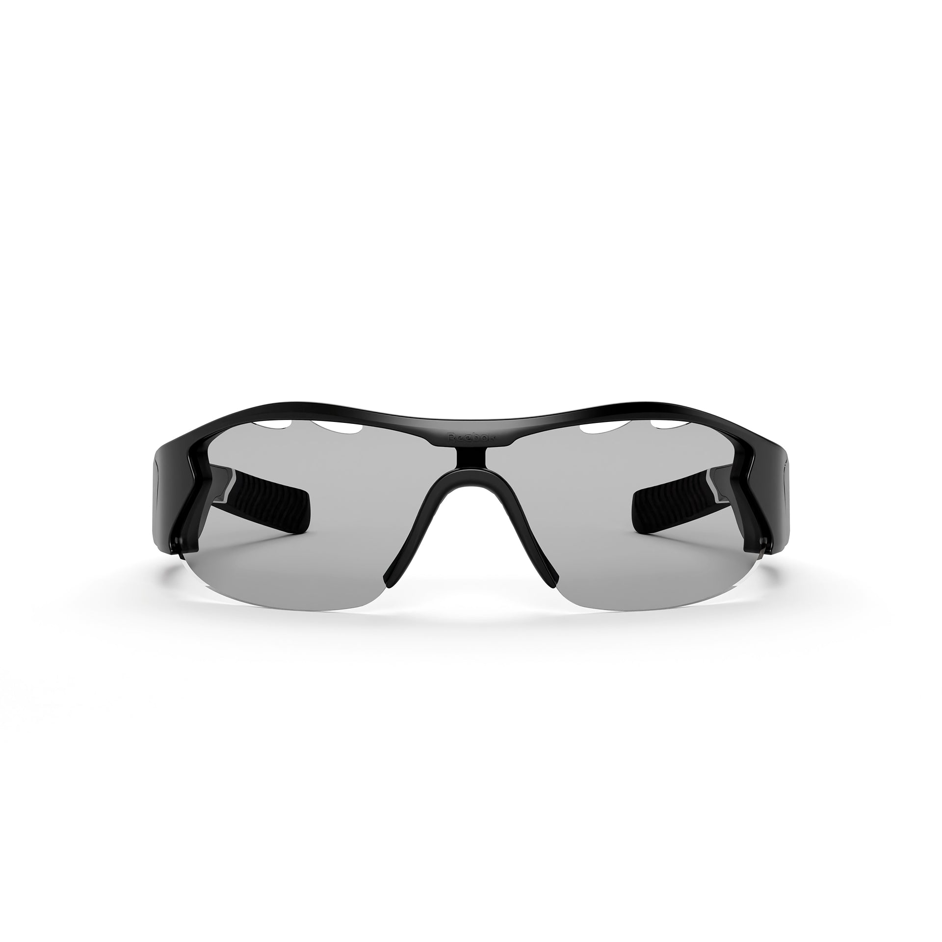 The Reebok Octane Shift sleek black smart eyewear sports sunglasses feature mirrored lenses and a wraparound frame, shown from the front on a white background.