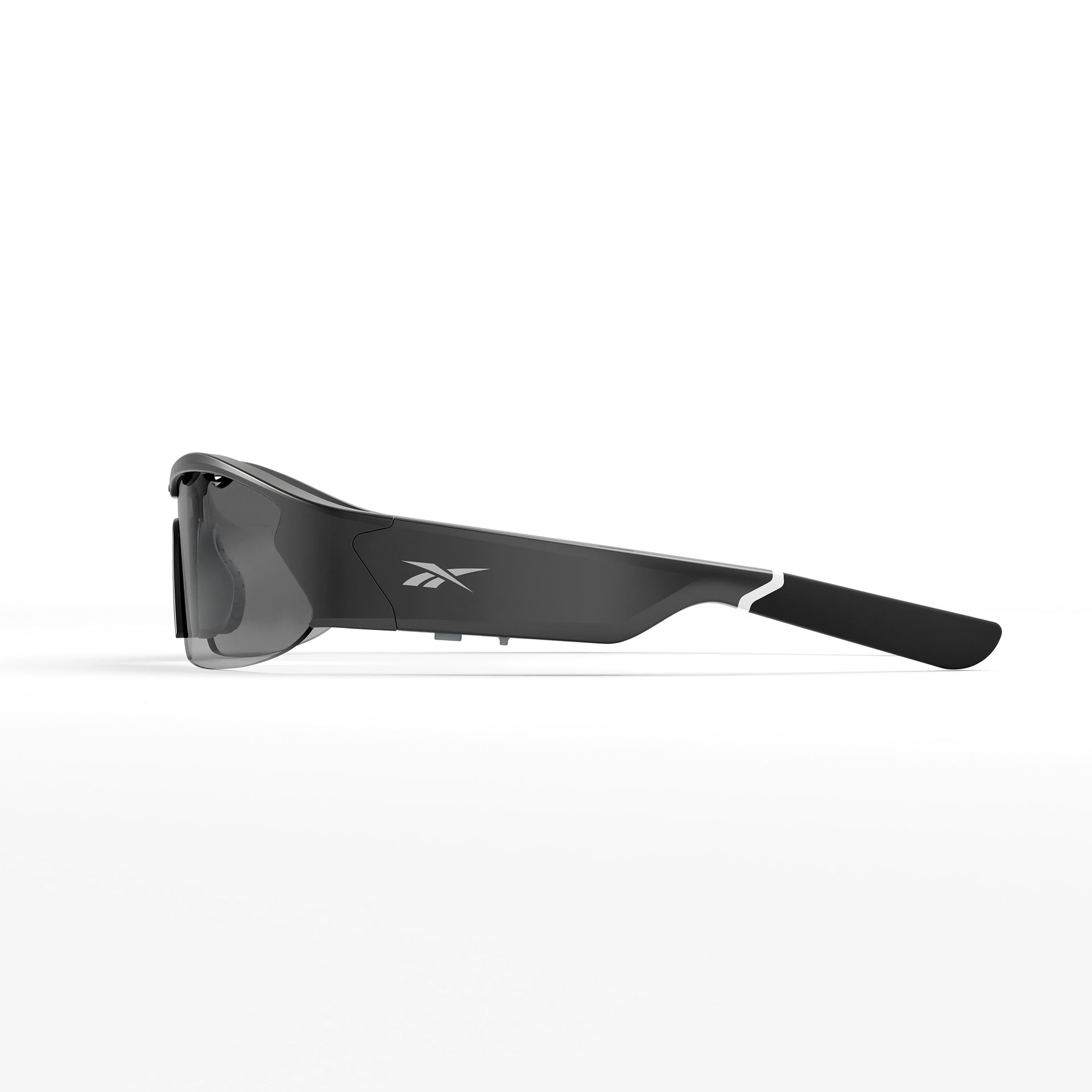 The Reebok Octane Shift is a sleek black smart eyewear with gray lenses, shown from the side. It features the Reebok logo on the arm, a modern matte finish, and innovative HiFi audio capabilities.