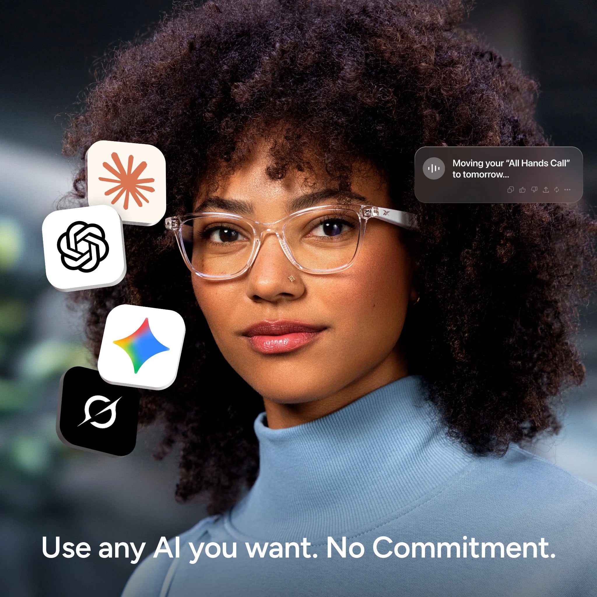 A woman with curly hair and glasses—wearing Reebok Shine smart glasses with open-ear audio—looks at the camera. Logos of AI tools and a notification appear. Text reads, “Use any AI you want. No Commitment.”.