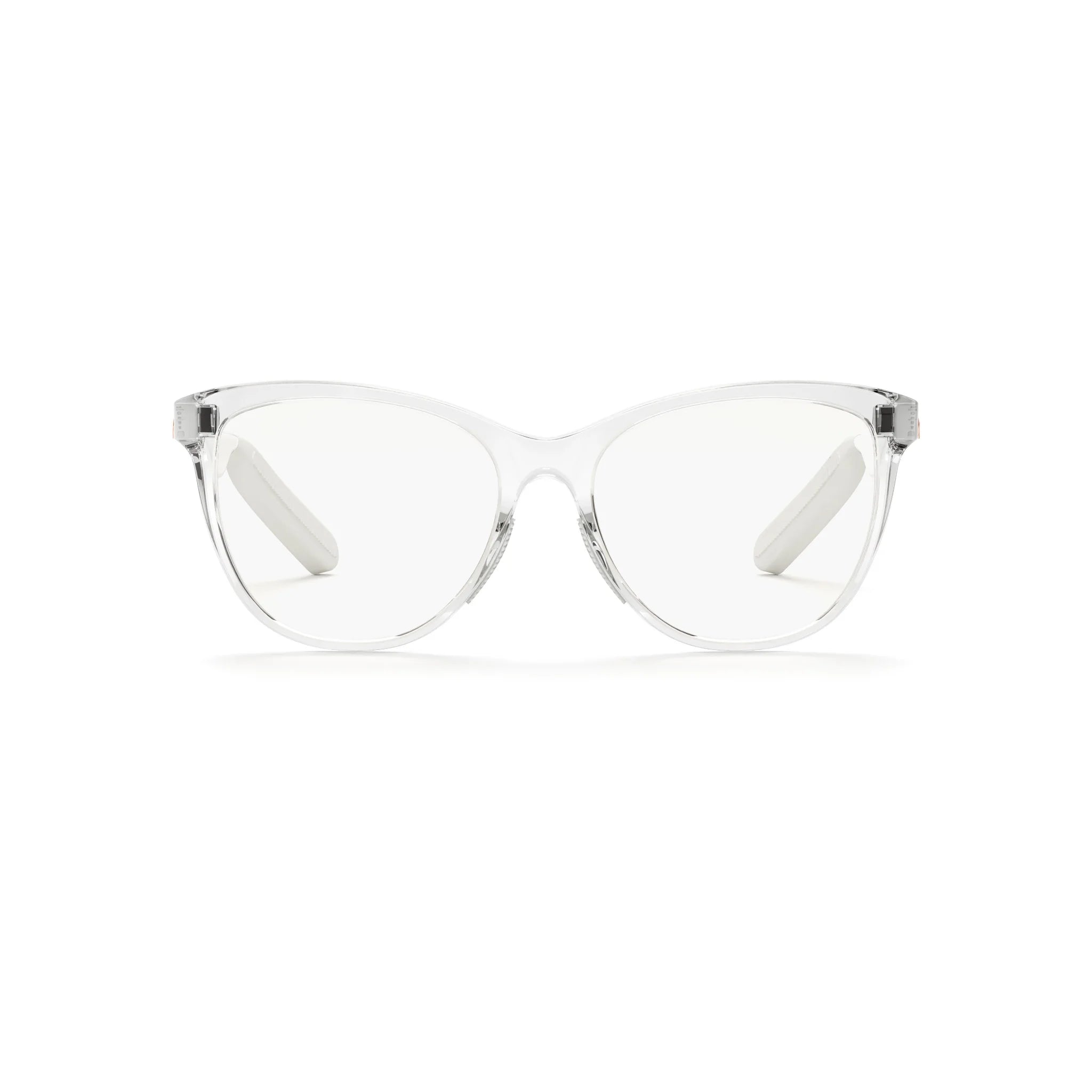 The Reebok Shine smart glasses feature a clear, translucent frame with a subtle cat-eye shape and modern, minimalistic design—perfect for fashion-forward eyewear enthusiasts. Shown from the front on a white background.