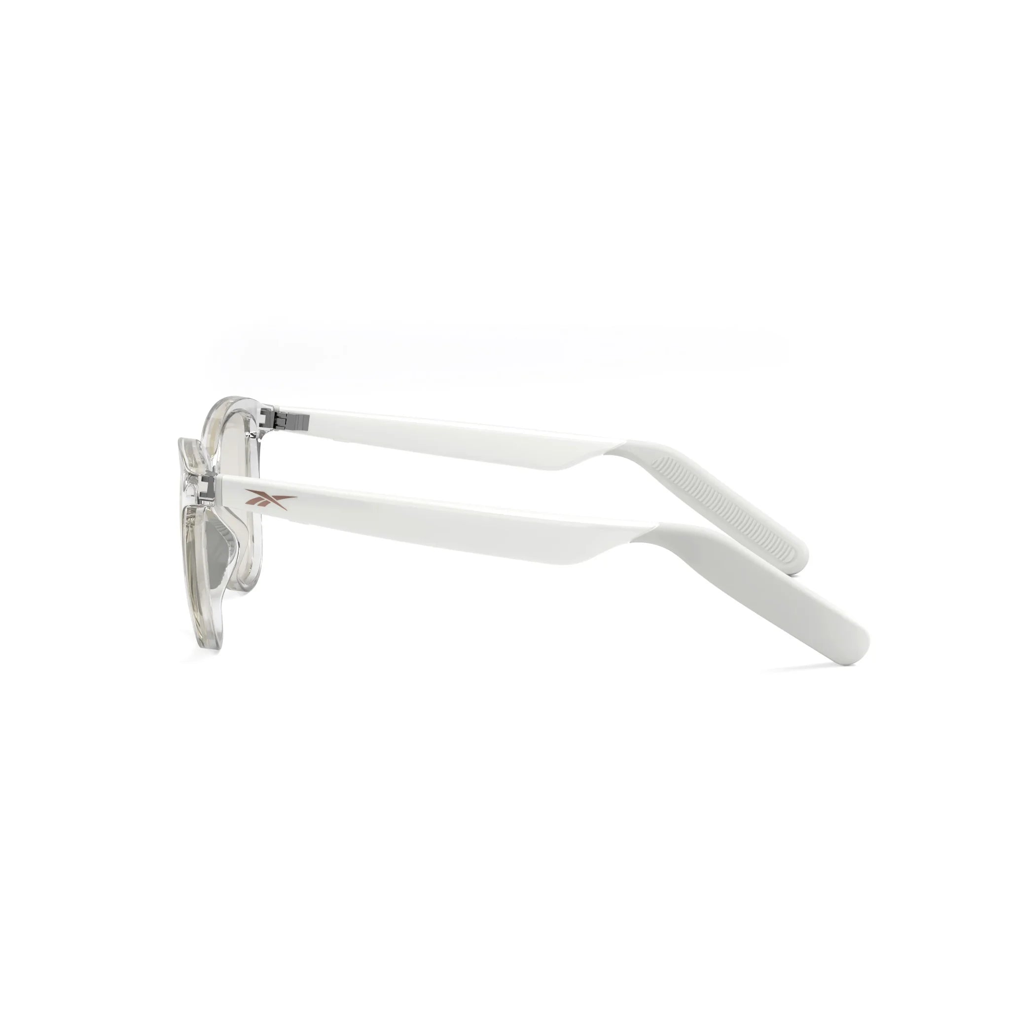 Side view of Reebok Shine smart glasses featuring clear frames, white curved arms with a small silver hinge and subtle metallic accent near the temples, set against a plain white background.