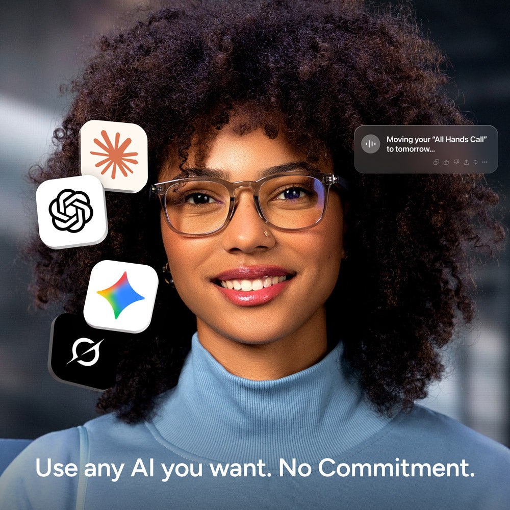 A woman with curly hair and glasses smiles. App icons for AI tools float beside her Reebok Thunder smart glasses, including OpenAI, Notion, and Gemini. Text at the bottom reads, "Use any AI you want. No Commitment.