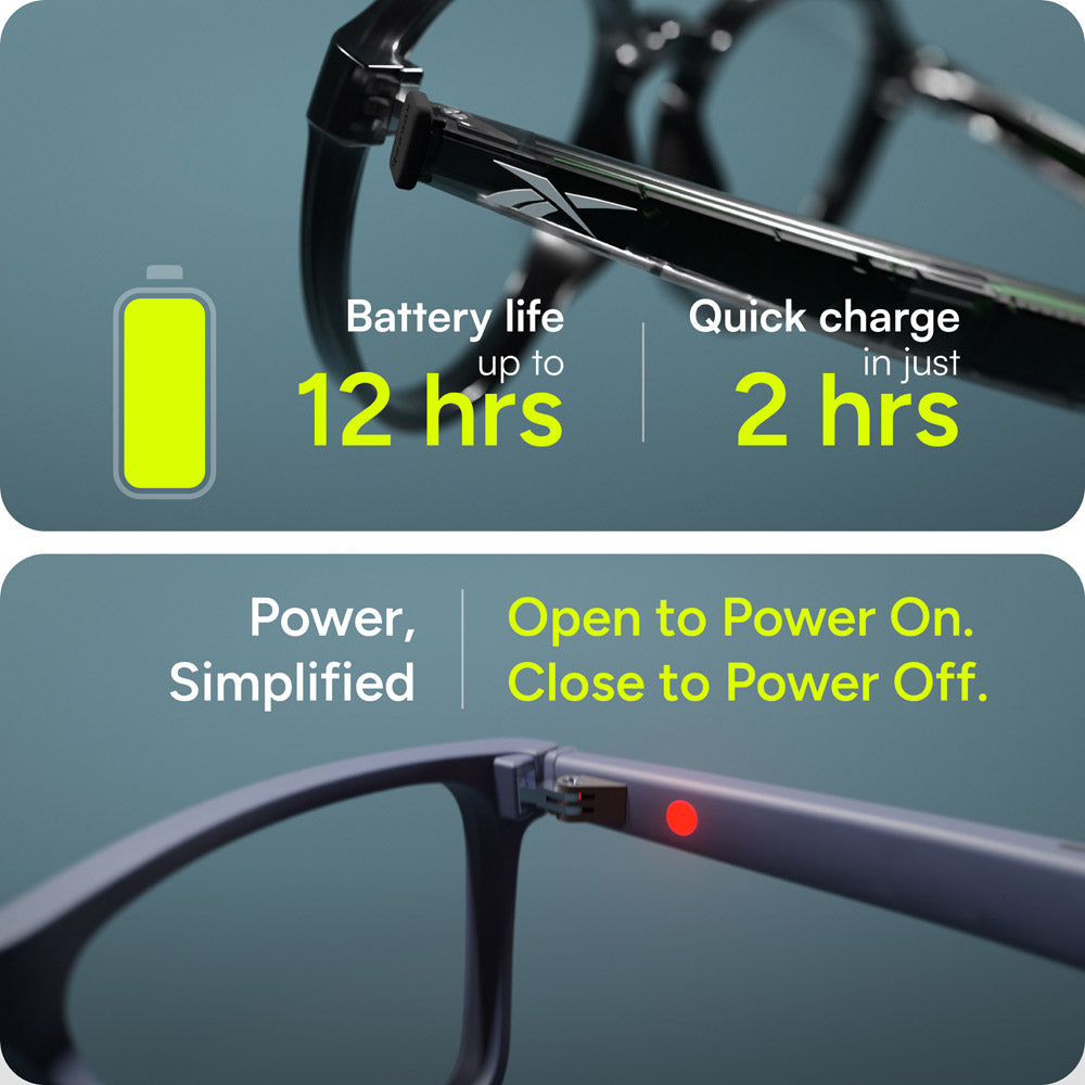 Close-up images of Reebok Thunder smart glasses spotlight open-ear audio, up to 12-hour battery, 2-hour quick charge, and easy power control with red LED. Text highlights: Power, Simplified.