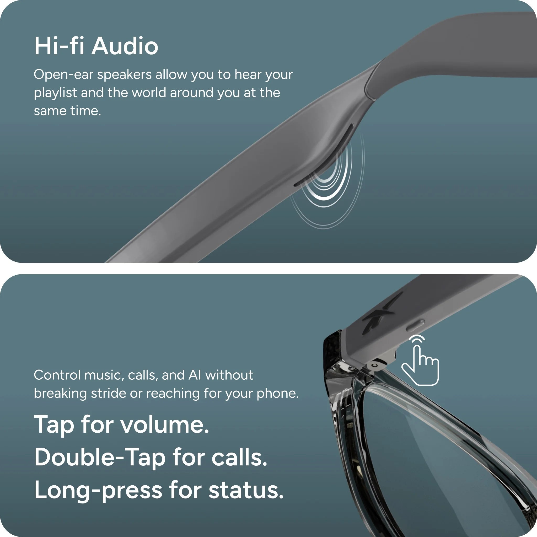 Two images of Reebok Thunder smart glasses: the top highlights open-ear speakers for hi-fi sound; the bottom shows touch controls on the frame for adjusting volume, managing calls, and checking status. Text details their features.