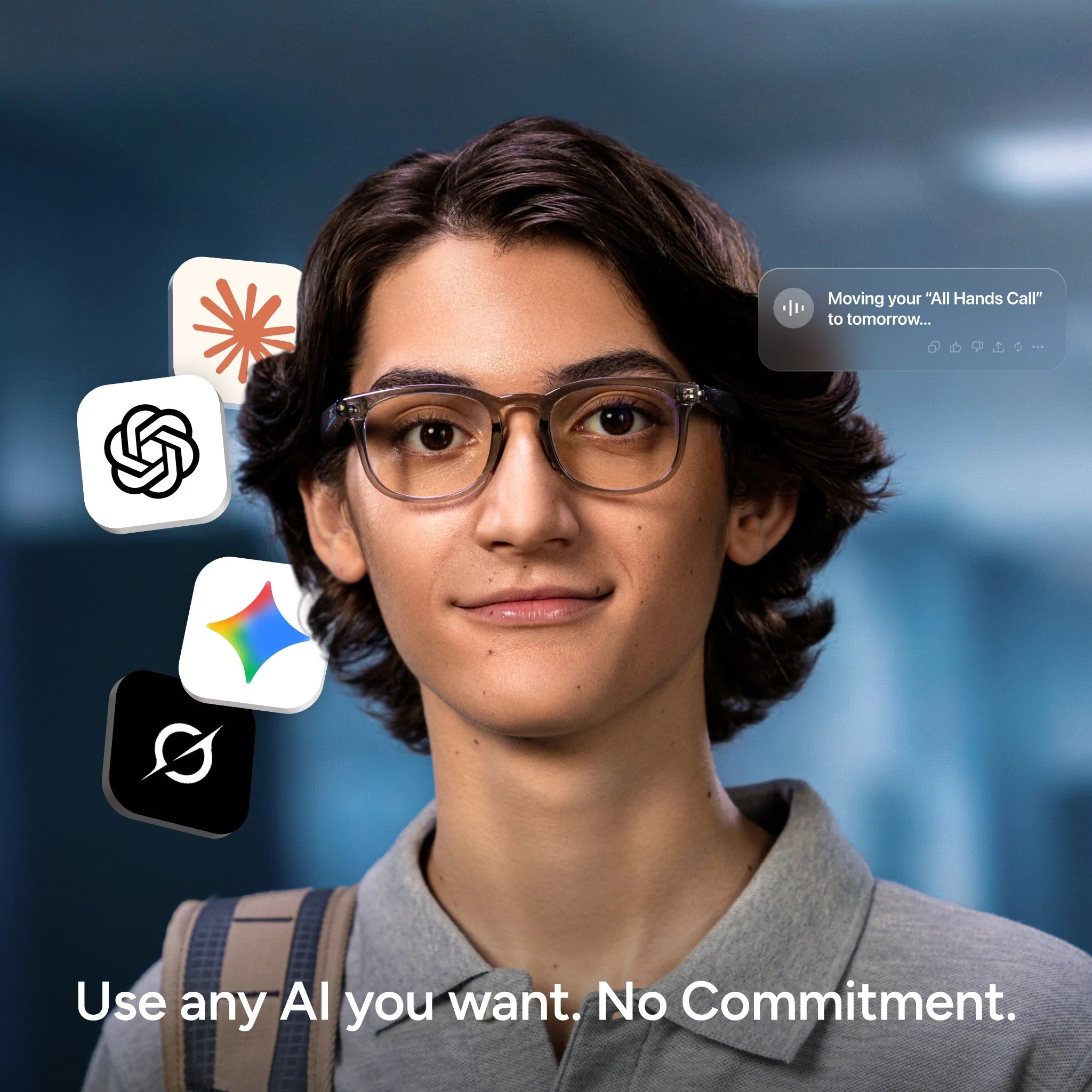 A person with smart glasses and shoulder-length hair smiles at the camera. Thunder by Reebok app icons float around them. A notification pops up, and text below says, Use any AI you want. No commitment. Privacy focused.