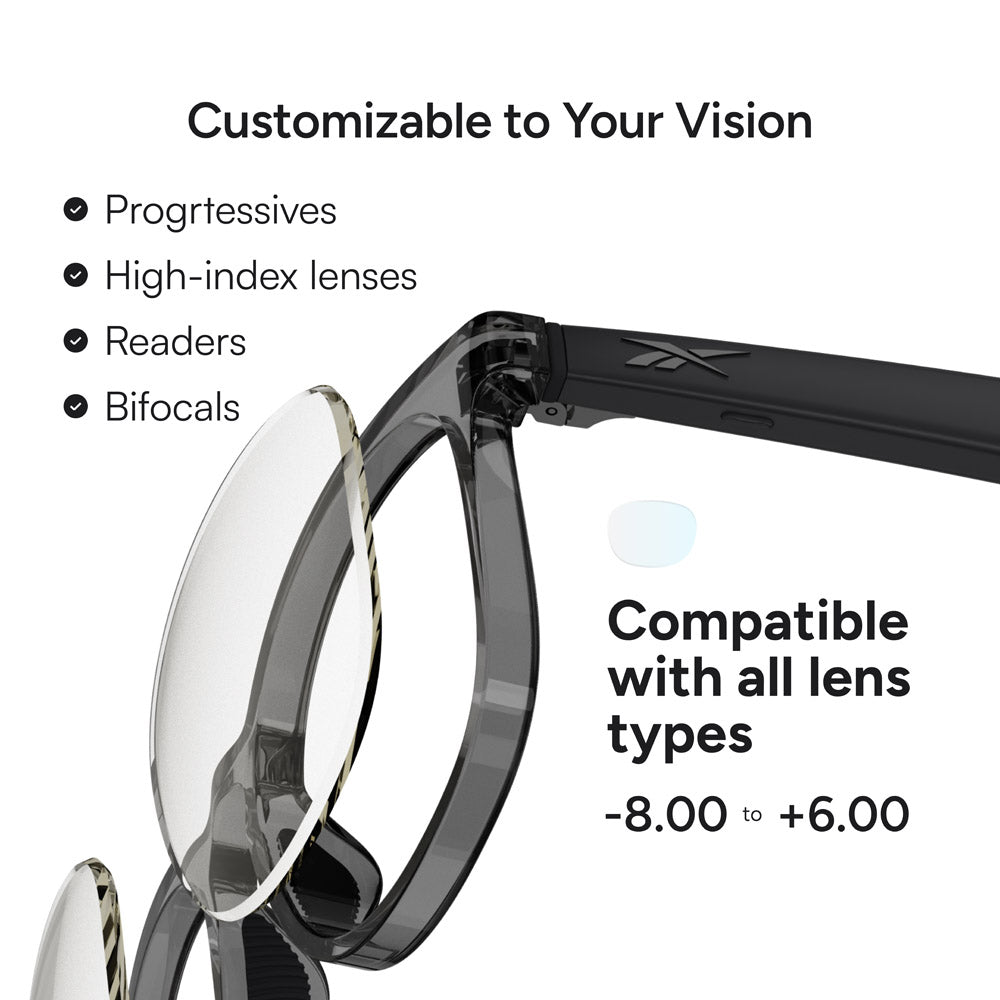 Reebok Thunder smart glasses with one lens partially removed. Features: progressives, high-index lenses, readers, bifocals, and lens power range from -8.00 to +6.00. Compatible with all lens types.