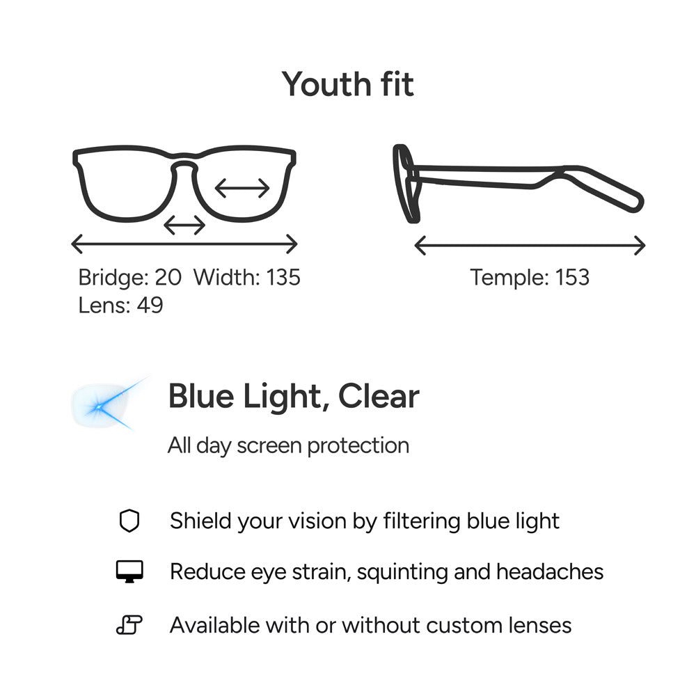 Diagram showing Reebok Thunder youth-fit smart glasses measurements: bridge 20mm, width 135mm, lens 49mm, temple 153mm. Features blue light filtering lenses to reduce eye strain; available with or without custom lenses.