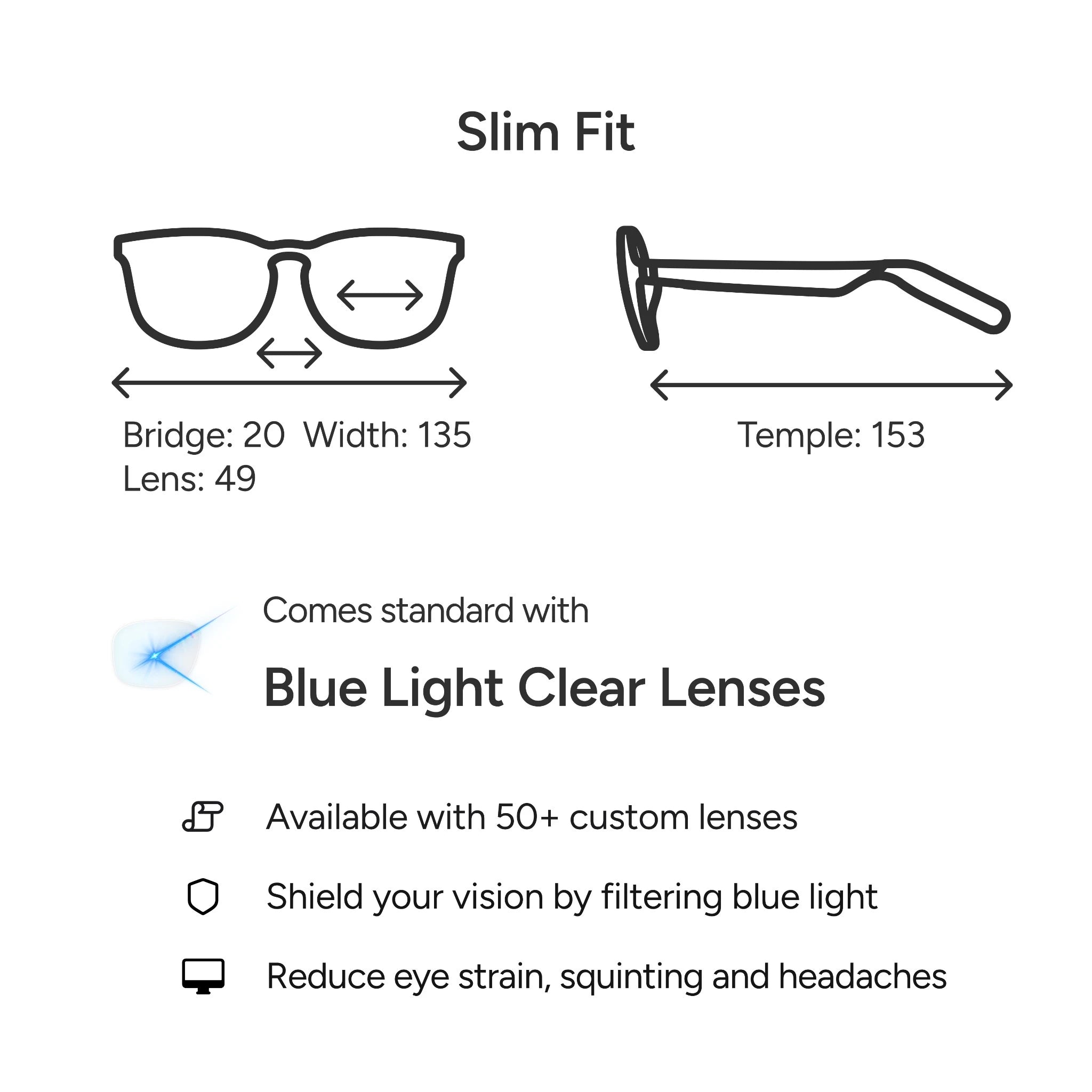 Reebok Thunder slim fit smart glasses: bridge 20mm, width 135mm, lens 49mm, temple 153mm. Features blue light clear lenses, open-ear audio, and helps reduce eye strain and headaches.