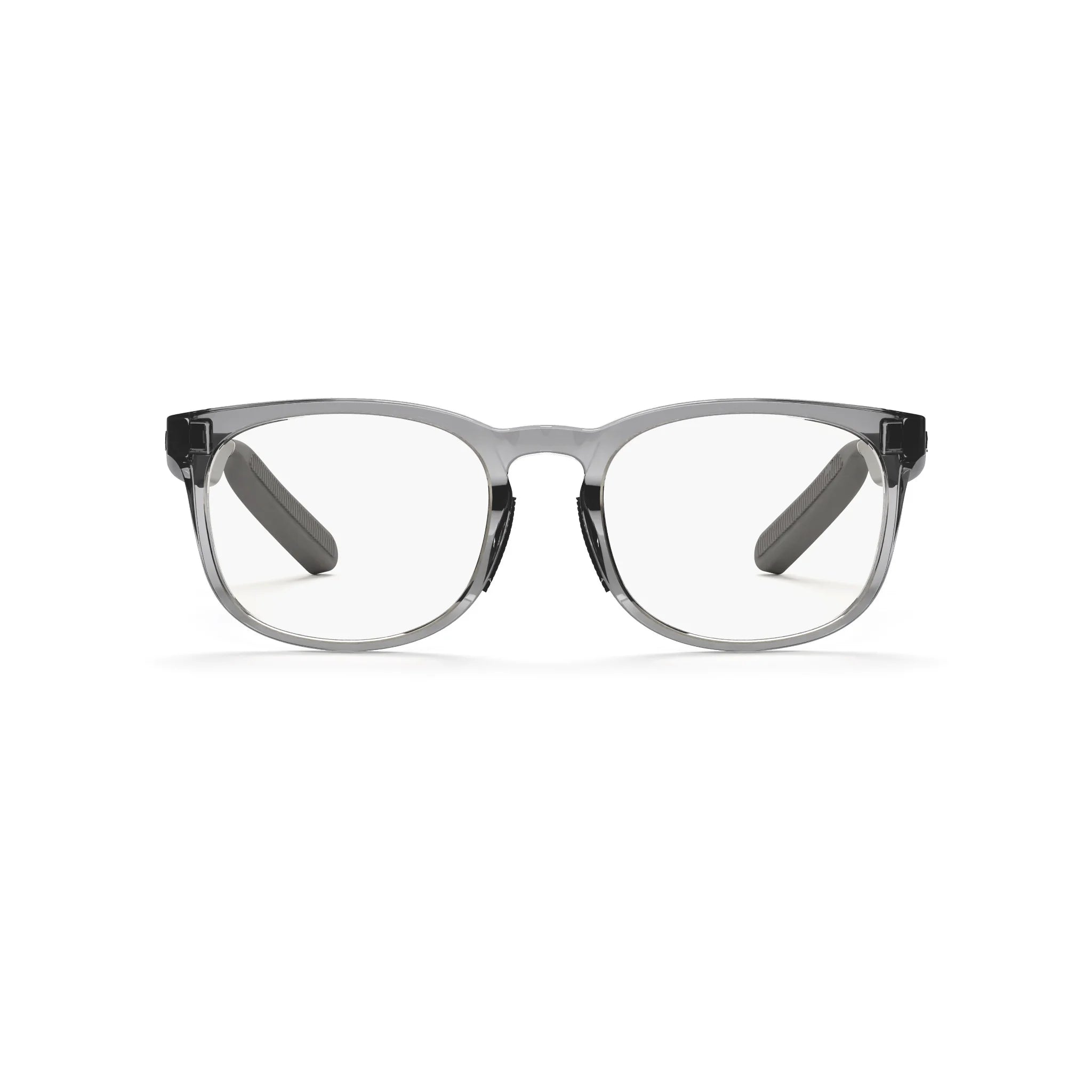 The Reebok Thunder smart eyewear features clear, rectangular lenses and subtle gray-tinted frames, displayed from the front against a white background.