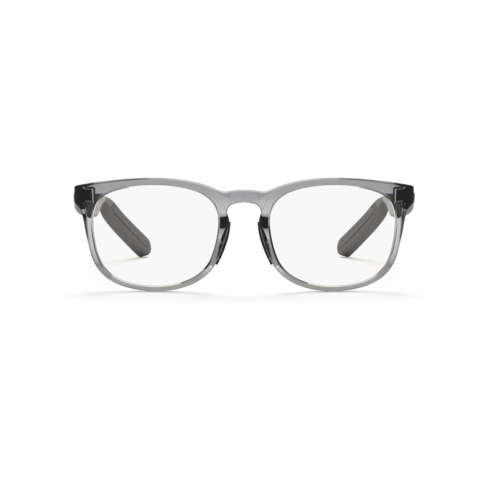 A pair of Reebok Thunder gray rectangular smart glasses with clear lenses is shown facing forward on a white background.