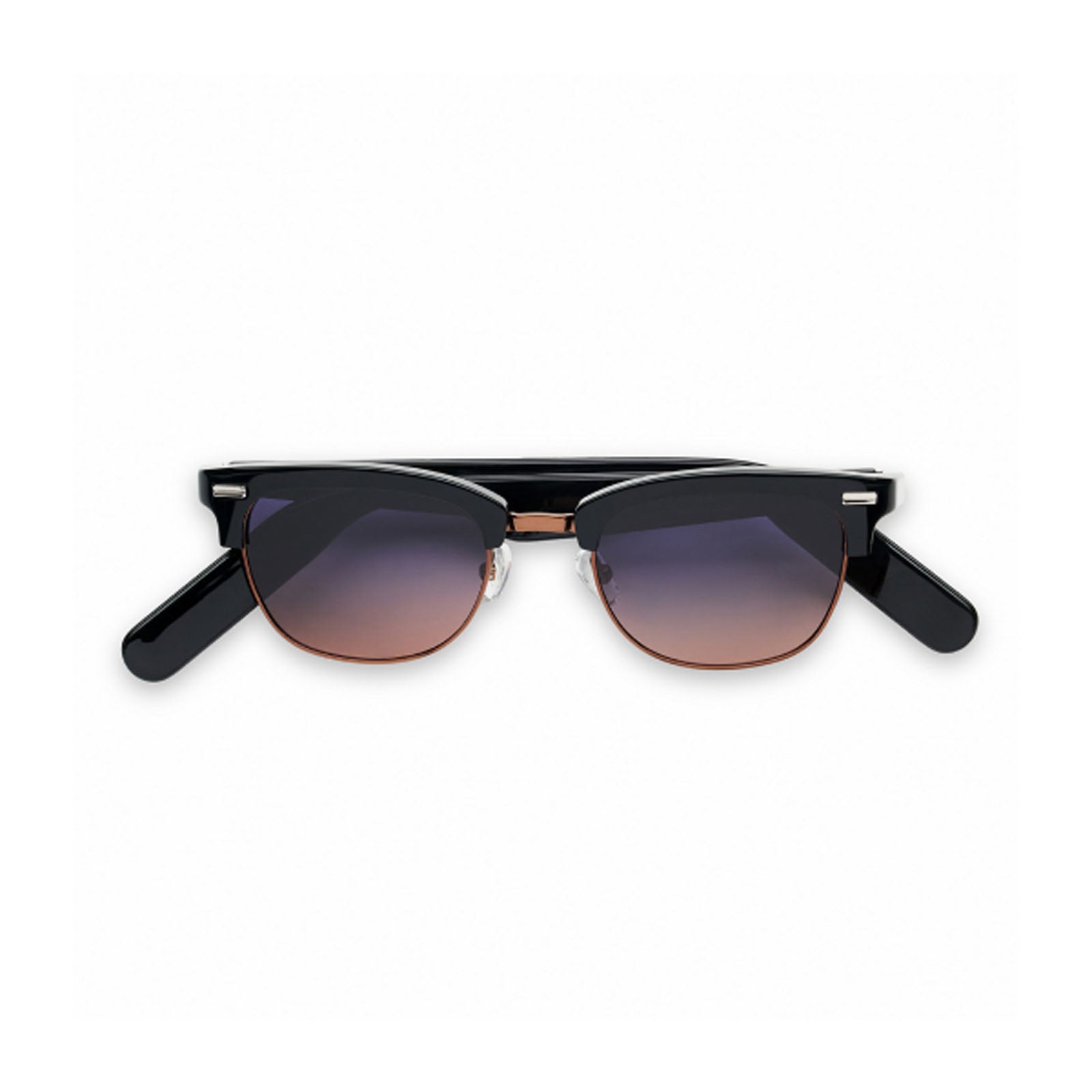 The Nautica Spyglass is a pair of black and silver clubmaster sunglasses with dark gradient lenses, thick arms, and polarized UV400 protection, displayed against a white background.