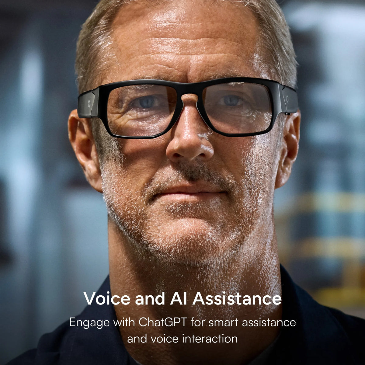A man wears Lucyd Armor | Vantage Photochromic smart safety glasses by Lucyd. On-screen text: Voice and AI Assistance. Engage with ChatGPT for smart help and voice interaction.
