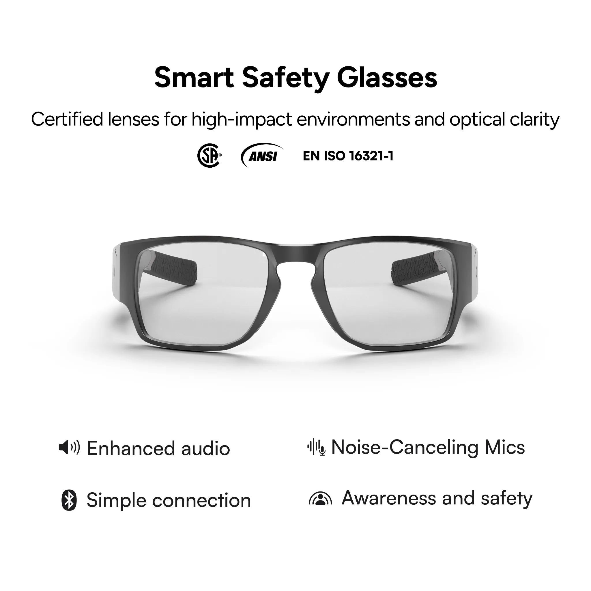 Front view of Lucyd Armor | Vantage Photochromic smart safety glasses by Lucyd, featuring clear, prescription-ready lenses. Text highlights enhanced audio, noise-canceling mics, easy connection, plus awareness and safety. Certifications shown above.