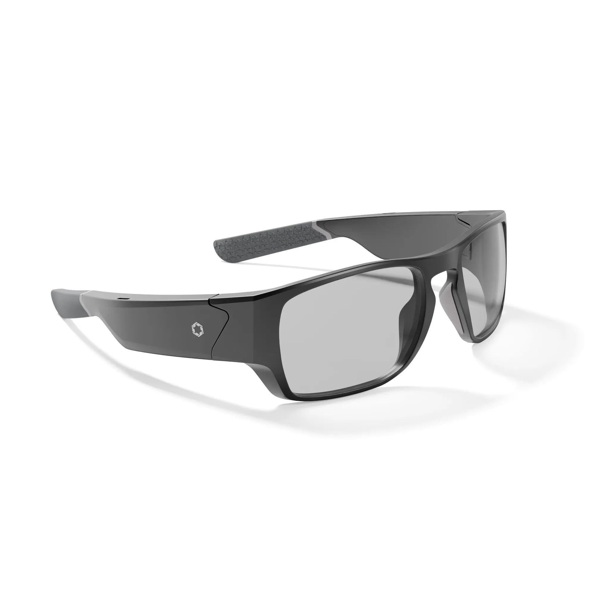 Lucyd Armor | Vantage Photochromic by Lucyd: sleek black wraparound sunglasses with gray photochromic lenses and a simple emblem on the temples, shown on a white background.