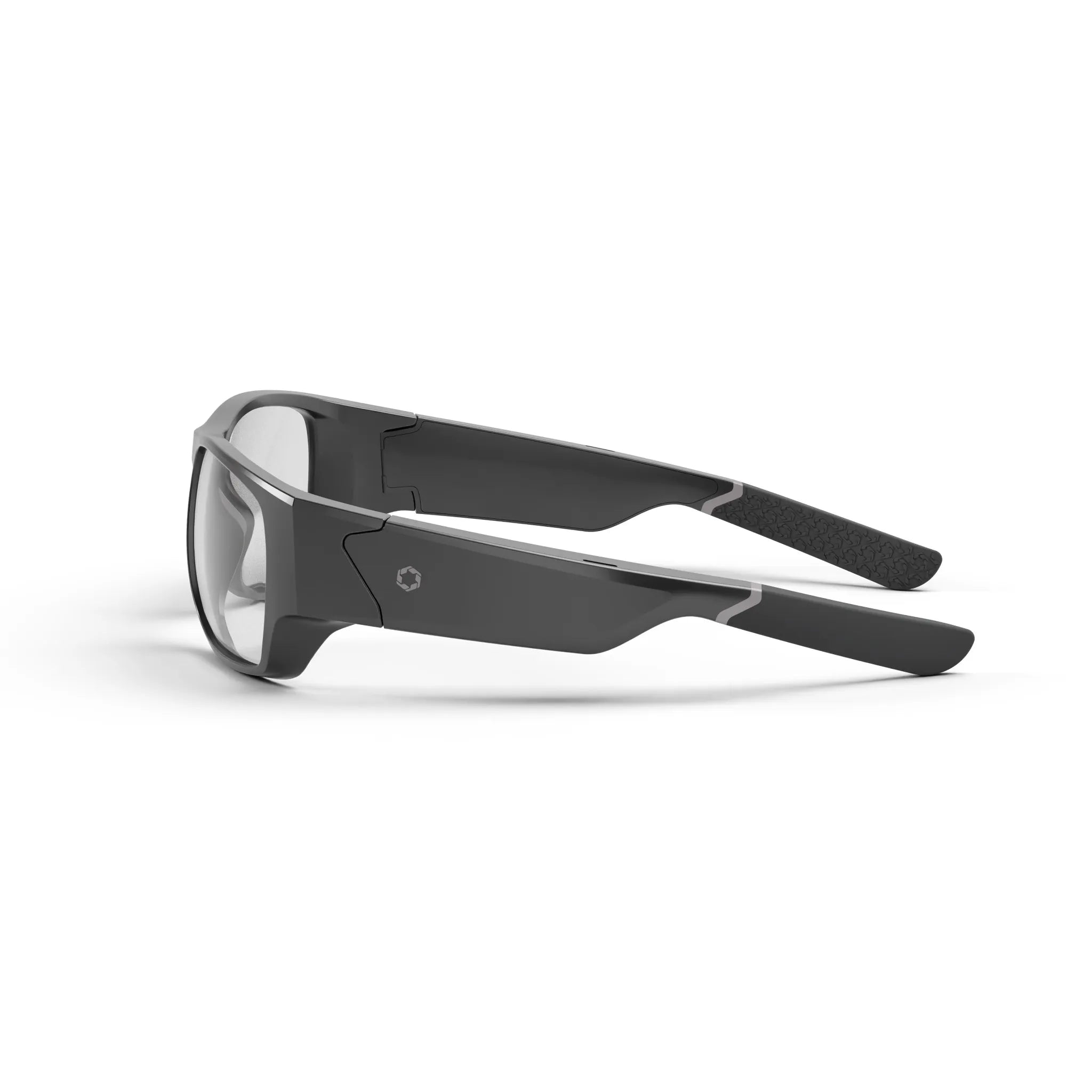 The Lucyd Armor | Vantage Photochromic by Lucyd are black and gray modern sports sunglasses with thick, angular frames and slightly tinted, photochromic lenses shown from the side on a white background.