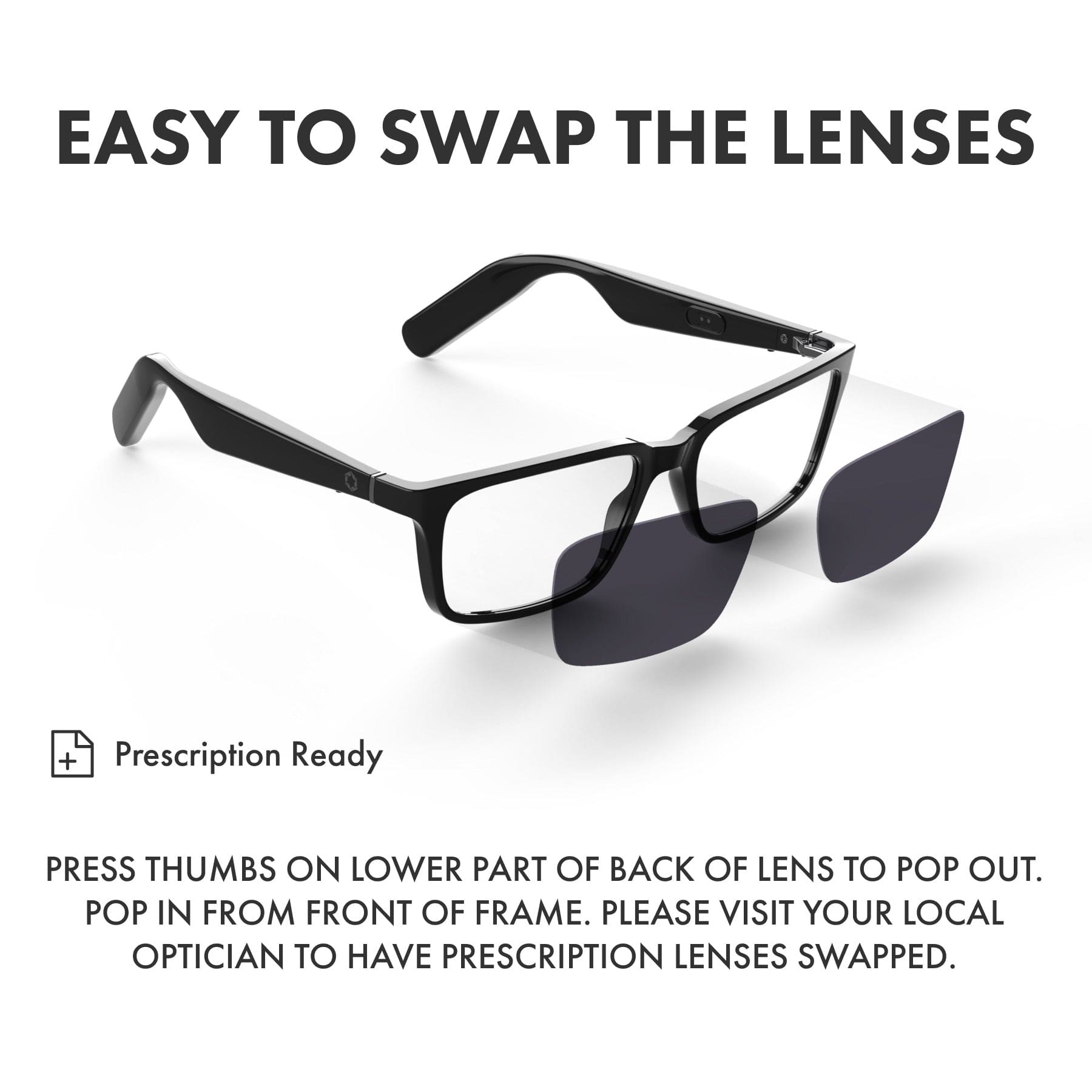 Two Lucyd Extra Lenses rest side by side on a white surface—one clear, one dark—to show the contrast between standard prescription lenses and photochromic options.